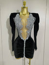 Taye black velvet short dress with sparkling crystals and mesh overlay for women’s evening, prom, or birthday parties.