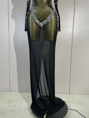 Envious Designs Sheryll sparkly diamond mesh backless see-through long dress with gloves for evening gala styling