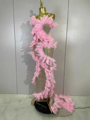 Faye Pink Sequin Feather Mesh Mermaid Maxi Gown