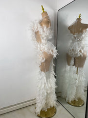 Elora rhinestone mesh feather gown sheer see-through long luxury prom dress.