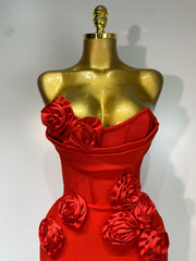 Kiara strapless backless red flower midi bandage dress – sexy elegant prom dress for women.