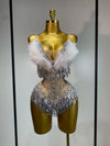 Rhia sparkly rhinestone tassel feather see-through bodysuit for nightclub and stage performance styling