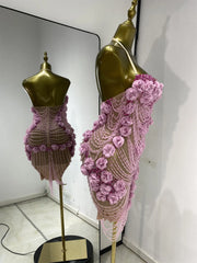 Joys pink rhinestone flower pearl tassel mini dress for women. Fairy-style party outfit for birthdays, nightlife, and clubwear.