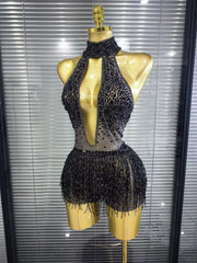 Denise sexy mesh see-through sequin tassel bodycon bodysuit for nightclub and birthday party styling
