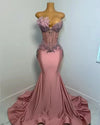 Pink long sparkly beaded crystal 3D flower prom dress for women