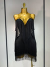Kimberly sexy off-shoulder fringe bodycon dress with shimmering fringe details and elegant body-hugging fit.