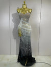 Jini sexy side split diamond pearl tassel mesh see-through long dress for evening gala styling