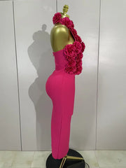 Kairi halter backless bodycon dress with 3D flower appliqués for women’s birthday, cocktail, or stage wear.