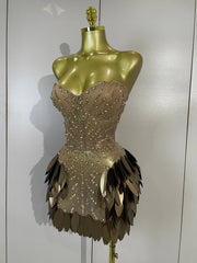 Shai strapless sheer mesh mini dress with sparkling rhinestone leaf embellishments