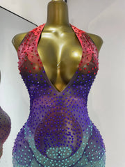 Debra sparkly rhinestone colorful print mesh halter backless jumpsuit for festival and party styling