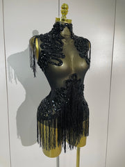 Sparkly rhinestone sequin tassel mesh stretch bodysuit for women’s party, birthday, and stage wear.