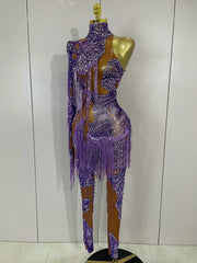 Dayla Sparkle Diamond Purple Tassel One-Shoulder Mesh Jumpsuit