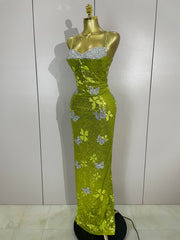 Liora butterfly crystal sexy halter green bodycon long dress with crystal details and slim-fit design.