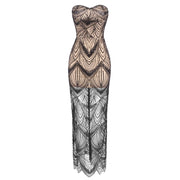 Ayanna strapless luxury sequin beaded party dress with glitter mesh patchwork – elegant sleeveless gown.