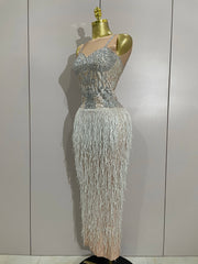 Seraphina sparkly rhinestone tassel sleeveless long dress women elegant evening gown.