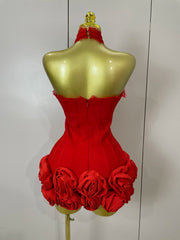 Cleo halter red floral lace bodycon mini dress for women’s birthdays, nightclub parties, or evening fashion events.