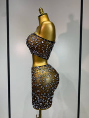 Sherry rhinestone sheer two piece gown set for women. Sexy luxury outfit for birthdays, nightlife, and evening parties.