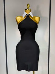 Shayla women’s black mini bodycon dress with white shirt collar and backless design for parties or club events.