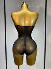 Kyndall strapless rhinestone bodysuit with skirt three-piece set for women’s evening parties, birthdays, and stage performances.