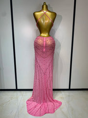 Shine in this rhinestone halter mesh split maxi dress. Sexy backless party dress for birthdays, stage shows, cocktail parties, and evening events.
