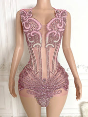 Sparkly Pink Rhinestones See Through Mini Birthday Dress