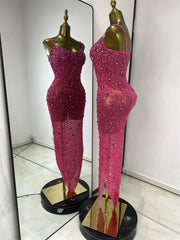 sparkly rhinestone mesh asymmetric long dress for evening gala and cocktail party styling