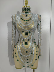 Sparkly mesh see through mini dress with diamond accents and long sleeves