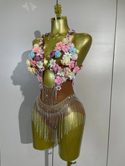 Clarice colorful floral diamond chain mesh bodysuit with luxury embellishments and fitted silhouette
