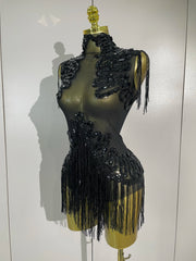 Sparkly rhinestone sequin tassel mesh stretch bodysuit for women’s party, birthday, and stage wear.