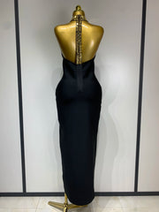 Black backless beaded midi bodycon bandage dress for women, elegant 2025 evening wear, luxury birthday and nightclub party outfit.