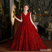 Wine Red Sequin Flower Girl Mermaid Dress: Long Puffy Formal