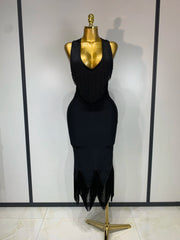 Christine deep V-neck fringe bodycon midi bandage dress with fitted silhouette for birthdays and parties
