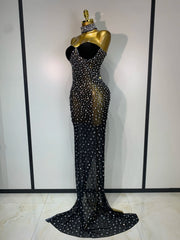 Rhinestone transparent mesh maxi dress with long elegant silhouette