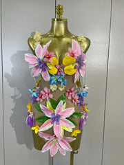 Yara sheer mesh bodysuit with sparkling diamond chain and floral embellishments
