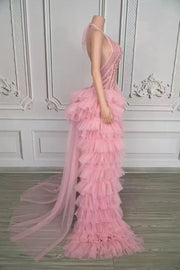 Tiana pink sheer rhinestone prom dress with deep V-neck and sparkling details.