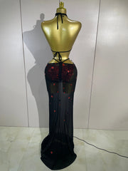 Rebecca red rhinestone mirror bikini maxi dress featuring sparkling embellishments and a bold statement design
