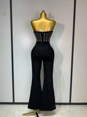 Tanisha black sleeveless strapless pearl beaded bodycon jumpsuit for women evening party birthday club outfit