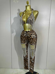 Naylani Sparkly Rhinestones Chains Leopard Print Bikini Top Pants Two Pieces Set