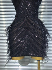 Amara sequin feather strapless bodycon mini dress for nightclub and birthday party styling
