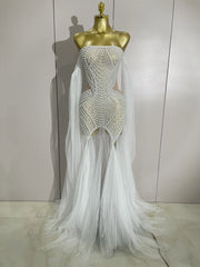 Makayla sparkly rhinestone pearl strapless mesh dress with rhinestone and pearl details for women.