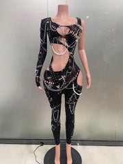 Patrice sexy pearl chain one shoulder hollow out jumpsuit women birthday party nightclub singer performance stage costume.