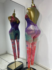 Debra sparkly rhinestone colorful print mesh halter backless jumpsuit for festival and party styling