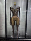 Tamika crystal mesh long sleeve see-through bodycon jumpsuit for nightclub and stage performance