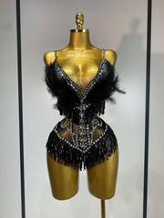Rhia sparkly rhinestone tassel feather see-through bodysuit for nightclub and stage performance styling