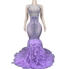 Chanel sparkly purple rhinestone feather floor-length prom dress.