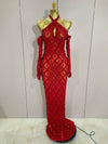 Avery sparkly rhinestones halter mesh long prom dress with gloves for women.