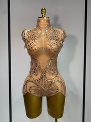 Denise sparkly rhinestone mesh bodysuit with sheer fabric and shimmering crystals.