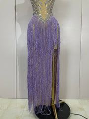 Nylah rhinestones sequins tassel mesh long dress with sparkling details and elegant slim fit for women.