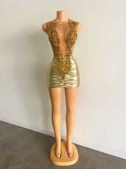 New Arrival Gold Sheer Beaded Mini Prom Dress 2024