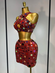 Selene rhinestone sequin sexy two piece set dress with sparkling rhinestones and sequins for women.